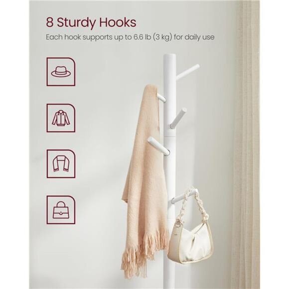Solid Wood Coat Rack, Free Standing Tree-Shaped Coat Rack with 8 Hooks, 3 Height - Picture 4 of 7